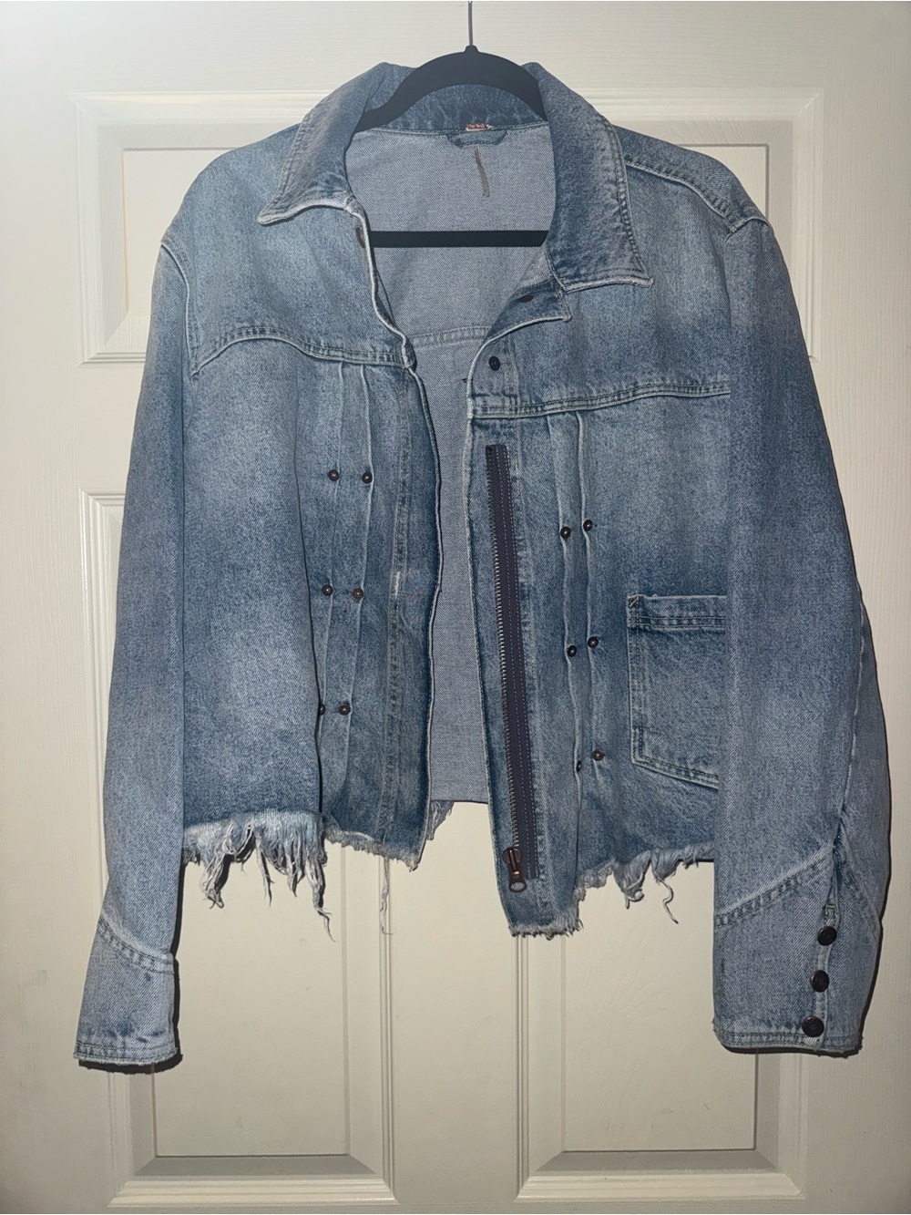 Free People Washed Light Blue Denim Jacket with Frayed Hem